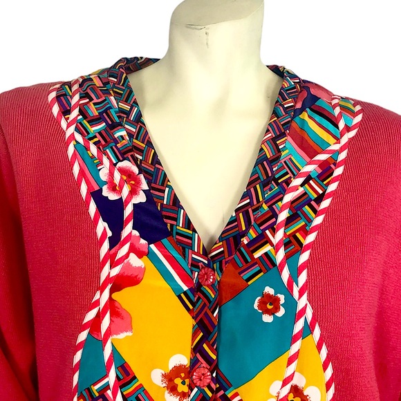 VINTAGE 80s 90s Red Ramie Cotton Knit Postmodern Print Silk Trim Koos of Course - Picture 2 of 8